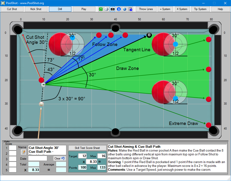 Cut Shot Angle 30° Cue Ball Path - Blackball